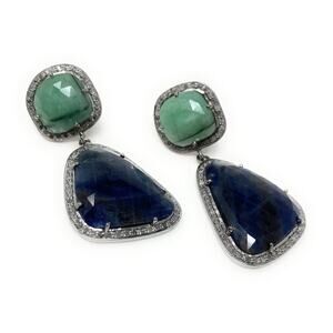 Genuine Pave Diamond Emerald and Blue Sapphire Earrings,